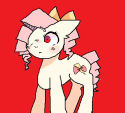 Size: 378x342 | Tagged: safe, artist:fishstickz, derpibooru exclusive, imported from derpibooru, oc, oc only, oc:luzzy bow, earth pony, pony, beanbrows, bow, eyebrows, hair bow, ms paint, red background, simple background, solo