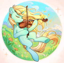 Size: 2350x2299 | Tagged: safe, artist:千雲九枭, imported from derpibooru, oc, oc:rain string, oc:雨瑟琴弦, pony, unicorn, eyes closed, female, grass, horn, magic, mare, musical instrument, playing instrument, solo, unicorn oc, violin