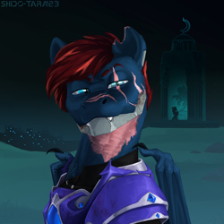 Size: 3200x3200 | Tagged: safe, artist:shido-tara, imported from derpibooru, oc, bat pony, armor, bat pony oc, bust, commission, fangs, looking at you, male, portrait, prosthetics, scar, solo, torn ear