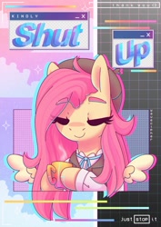 Size: 2480x3508 | Tagged: safe, artist:wavecipher, imported from derpibooru, fluttershy, pony, '90s, clothes, cup, eyebrows, eyebrows visible through hair, smiling, solo, spread wings, wings