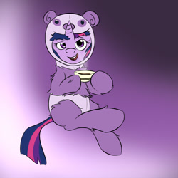 Size: 650x650 | Tagged: safe, artist:samofbob, imported from derpibooru, twilight sparkle, bear, panda, pony, unicorn, animal costume, clothes, costume, gradient background, solo, unicorn twilight