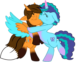 Size: 7837x6461 | Tagged: safe, artist:ejlightning007arts, imported from derpibooru, oc, oc:ej, alicorn, fox, fox pony, hybrid, pony, unicorn, bipedal, canon x oc, cheek kiss, coat markings, colored horn, colored wings, cute, ejmisty, eyes closed, fake cutie mark, female, freckles, g4, g5, g5 to g4, generation leap, horn, hug, kissing, male, mare, misty brightdawn, raised leg, shipping, simple background, socks (coat markings), spread wings, stallion, straight, transparent background, wings