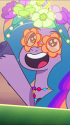 Size: 606x1080 | Tagged: safe, imported from derpibooru, screencap, izzy moonbow, pony, unicorn, spoiler:g5, spoiler:my little pony: tell your tale, spoiler:tyts01e56, diva and conquer, female, flower, flower glasses, flower in hair, g5, hoof heart, jewelry, mare, my little pony: tell your tale, necklace, novelty glasses, open mouth, open smile, smiling, solo, sparkly eyes, sunglasses, underhoof, unshorn fetlocks, upside-down hoof heart, wingding eyes, youtube shorts