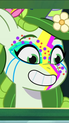 Size: 606x1080 | Tagged: safe, imported from derpibooru, screencap, pony, unicorn, spoiler:g5, spoiler:my little pony: tell your tale, spoiler:tyts01e56, diva and conquer, face paint, female, flower, flower in hair, g5, grin, leaf (g5), lightning, mare, my little pony: tell your tale, smiling, solo, youtube shorts