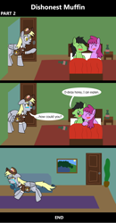 Size: 1920x3692 | Tagged: safe, artist:platinumdrop, imported from derpibooru, berry punch, berryshine, derpy hooves, oc, oc:anon, oc:anon stallion, earth pony, pegasus, pony, comic:dishonest muffin, 3 panel comic, alcohol, bed, bedroom, blushing, bottle, cheating, comic, commission, couch, crying, dialogue, door, hat, kissing, living room, mailmare, mailmare hat, mailmare uniform, nightstand, picture frame, plant, rug, running, running away, speech bubble, wings