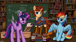 Size: 3840x2160 | Tagged: safe, artist:leoliu0491, imported from derpibooru, rainbow dash, twilight sparkle, oc, alicorn, pegasus, pony, unicorn, artificial wings, augmented, book, bookshelf, chalkboard, clipboard, pencil behind ear, sitting, spread wings, trio, twilight sparkle (alicorn), wings