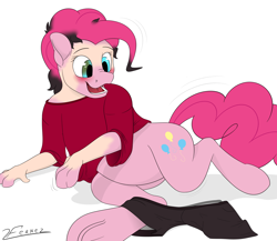Size: 3000x2600 | Tagged: safe, artist:furnaise, imported from derpibooru, pinkie pie, earth pony, human, pony, blushing, clothes, cutie mark, eye color change, human to pony, male to female, open mouth, open smile, rule 63, smiling, transformation, transgender transformation