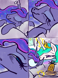 Size: 3000x4000 | Tagged: safe, artist:ja0822ck, imported from derpibooru, princess celestia, princess luna, cute, food, nom, pineapple, sleeping