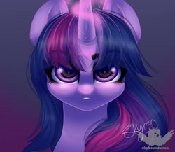 Size: 2048x1781 | Tagged: safe, artist:skyboundsiren, imported from derpibooru, pony, bust, eye clipping through hair, eyebrows, eyebrows visible through hair, glowing, glowing horn, gradient background, horn, solo