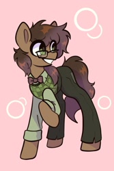 Size: 1200x1800 | Tagged: safe, artist:chunchalunch, imported from derpibooru, oc, oc only, earth pony, pony, bowtie, clothes, glasses, grin, pants, pink background, shirt, simple background, smiling, solo, vest