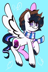 Size: 1200x1800 | Tagged: safe, artist:chunchalunch, imported from derpibooru, oc, oc only, pegasus, pony, blue background, clothes, cyan background, eye clipping through hair, freckles, glasses, looking at you, scarf, simple background, smiling, solo, spread wings, striped scarf, unshorn fetlocks, wings