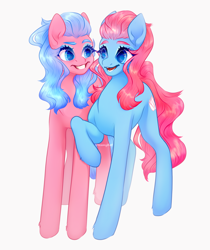 Size: 3120x3720 | Tagged: safe, artist:dreamyrat, imported from derpibooru, aloe, lotus blossom, earth pony, pony, duo, duo female, female, looking at each other, looking at someone, mare, open mouth, open smile, raised hoof, siblings, simple background, sisters, smiling, smiling at each other, spa pony, spa twins, twins