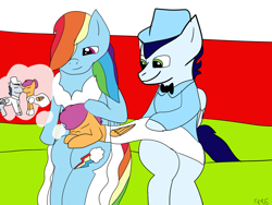 Size: 1024x768 | Tagged: safe, artist:fireboltpug, imported from derpibooru, rainbow dash, rumble, scootaloo, soarin', pegasus, pony, bride, clothes, colt, female, filly, foal, groom, husband and wife, just married, male, mare, marriage, married couple, rumbloo, shipping, siblings, sisters, sleeping, soarindash, stallion, straight