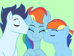 Size: 1024x770 | Tagged: safe, artist:dubstepicdj, imported from derpibooru, rainbow dash, soarin', oc, oc:clidesdale windstorm, pegasus, pony, cheek kiss, eyes closed, female, kiss sandwich, kissing, male, mare, momma dash, offspring, parent:rainbow dash, parent:soarin', parents:soarindash, shipping, simple background, soarindash, stallion, straight