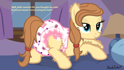 Size: 1920x1080 | Tagged: safe, artist:thunderdasher07, imported from derpibooru, oc, oc only, oc:cream heart, earth pony, pony, abdl, adult foal, bed, bedroom, bedroom eyes, butt, curtains, dialogue, diaper, diaper butt, diaper fetish, diapered, ear fluff, earth pony oc, female, fetish, fluffy, hoof fluff, lamp, leg fluff, looking at you, mare, mother's day, non-baby in diaper, pacifier, pillow, plot, poofy diaper, rattle, smiling, smiling at you, solo, sultry pose, tail, tail hole, talking to viewer, window