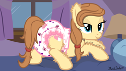 Size: 1920x1080 | Tagged: safe, alternate version, artist:thunderdasher07, derpibooru exclusive, imported from derpibooru, oc, oc only, oc:cream heart, earth pony, pony, abdl, adult foal, bed, bedroom, bedroom eyes, butt, curtains, diaper, diaper butt, diaper fetish, diapered, ear fluff, earth pony oc, female, fetish, fluffy, hoof fluff, lamp, leg fluff, looking at you, mare, mother's day, non-baby in diaper, pacifier, pillow, plot, poofy diaper, rattle, smiling, smiling at you, solo, tail, tail hole, window
