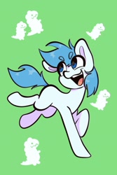 Size: 1200x1800 | Tagged: safe, artist:chunchalunch, imported from derpibooru, oc, oc only, earth pony, pony, eye clipping through hair, eyebrows, eyebrows visible through hair, green background, happy, open mouth, open smile, simple background, smiling, solo