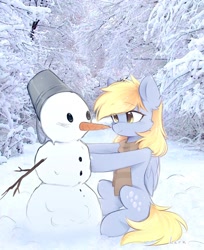 Size: 1270x1556 | Tagged: safe, artist:lerkfruitbat, imported from derpibooru, derpy hooves, pegasus, pony, bucket, clothes, cute, derpabetes, female, forest, mare, scarf, sitting, smiling, snow, snowman, solo, striped scarf, tree, winter