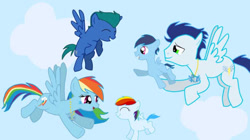 Size: 739x415 | Tagged: artist needed, safe, imported from derpibooru, rainbow dash, soarin', oc, pegasus, pony, colt, female, filly, flying, foal, male, mare, offspring, parent:rainbow dash, parent:soarin', parents:soarindash, shipping, sky, soarindash, stallion, straight, teenager