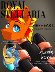 Size: 1582x2048 | Tagged: safe, artist:parrpitched, imported from derpibooru, oc, oc:fireheart(fire), oc:ocean breeze(fireverse), bat pony, pony, unicorn, cute, fireheart76's latex suit design, freckles, horn, latex, latex suit, prisoners of the moon, rubber, rubber suit, unicorn oc