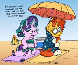 Size: 2295x1916 | Tagged: safe, artist:bobthedalek, imported from derpibooru, starlight glimmer, sunburst, pony, unicorn, beach, beach towel, beach umbrella, bikini, clothes, cooler, facial hair, female, glasses, glowing, glowing horn, goatee, hat, horn, kite, male, mare, outdoors, ponytail, shipping, stallion, starburst, starlight glimmer is not amused, straight, sun hat, sweat, sweatdrop, swimsuit, that pony sure does love kites, unamused