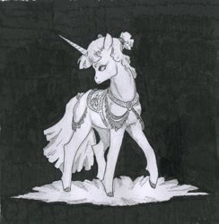 Size: 796x816 | Tagged: safe, artist:adeptus-monitus, imported from derpibooru, oc, oc only, pony, unicorn, horn, monochrome, saddle, solo, tack, traditional art, unicorn oc