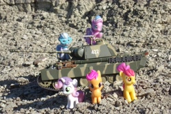 Size: 4608x3072 | Tagged: safe, artist:dingopatagonico, imported from derpibooru, apple bloom, diamond tiara, scootaloo, silver spoon, sweetie belle, earth pony, pegasus, unicorn, irl, panther tank, panzer, photo, toy