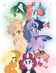 Size: 824x1065 | Tagged: safe, artist:xxcheerupxxx, imported from derpibooru, oc, oc only, oc:afterglow spark, oc:bubblegum, oc:ceejay, oc:golden delicous, oc:luminous vapor, oc:rosy rubine, oc:tropical exotic, dracony, hybrid, pony, base used, cap, clothes, female, grin, hat, interspecies offspring, looking at you, mare, next generation, offspring, outline, parent:applejack, parent:big macintosh, parent:discord, parent:fluttershy, parent:pinkie pie, parent:pokey pierce, parent:rainbow dash, parent:rarity, parent:soarin', parent:spike, parent:sunburst, parent:svengallop, parent:twilight sparkle, parents:applespike, parents:discolight, parents:pokeyjack, parents:rainburst, parents:rarimac, parents:soarinshy, parents:svenpie, simple background, smiling, smiling at you, sweater, transparent background, white outline