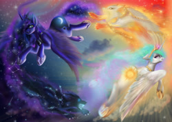 Size: 4616x3291 | Tagged: safe, artist:polnocnykot, imported from derpibooru, princess celestia, princess luna, alicorn, pony, wolf, chains, cloud, commission, commissioner:shaddar, constellation, female, fire, hati, looking back, mare, norse mythology, running, skoll, sparkles, stars