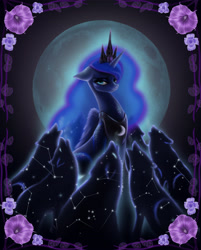 Size: 2657x3312 | Tagged: safe, artist:polnocnykot, imported from derpibooru, princess luna, alicorn, pony, wolf, commission, commissioner:shaddar, constellation, crown, cute, female, flower, howling, jewelry, looking at you, luna is not amused, lunabetes, mare, regalia, solo, unamused