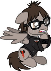 Size: 847x1176 | Tagged: safe, artist:lightningbolt, derpibooru exclusive, imported from derpibooru, pegasus, pony, .svg available, clandestine industries, clothes, crying, fangs, floppy ears, glasses, hoodie, jewelry, long sleeves, male, mikey way, my chemical romance, necklace, open mouth, partially open wings, ponified, pulled up sleeve, raised hoof, show accurate, simple background, sitting, solo, stallion, svg, transparent background, vector, wings, wristband