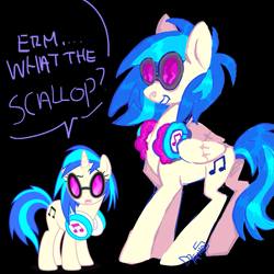 Size: 1111x1111 | Tagged: safe, artist:sillyfillies, imported from derpibooru, dj pon-3, vinyl scratch, pegasus, pony, black background, erm what the scallop, headphones, race swap, simple background, speech bubble