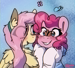 Size: 1100x1000 | Tagged: safe, artist:provolonepone, derpibooru exclusive, imported from derpibooru, fluttershy, pinkie pie, butterfly, earth pony, pegasus, pony, butterfly on nose, chest fluff, clothes, ear fluff, eye clipping through hair, female, flutterpie, hairband, happy, hoodie, insect on nose, lesbian, shipping, smiling