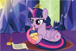Size: 897x605 | Tagged: safe, artist:liya04, imported from derpibooru, twilight sparkle, oc, oc:galaxy star, alicorn, pony, unicorn, baby, baby pony, female, filly, foal, inkwell, lying down, mare, offspring, parent:flash sentry, parent:twilight sparkle, parents:flashlight, quill, sleeping, twilight sparkle (alicorn), twilight's castle