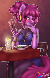 Size: 660x1020 | Tagged: safe, artist:inkkeystudios, imported from derpibooru, berry punch, berryshine, anthro, alcohol, alternate hairstyle, berrybetes, blushing, candle, clothes, cute, drunk, ear piercing, earring, food, jewelry, looking at you, piercing, salad, stockings, stupid sexy berry punch, thigh highs, wine