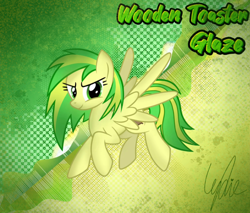 Size: 1894x1615 | Tagged: safe, artist:lydia, imported from derpibooru, oc, oc:wooden toaster, pegasus, cool, cruel, flying, glaze, green eyes, green mane, illustration, looking at you, music, show accurate, solo