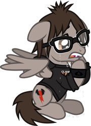 Size: 904x1254 | Tagged: safe, artist:lightningbolt, derpibooru exclusive, imported from derpibooru, pegasus, pony, .svg available, clandestine industries, clothes, crying, fangs, floppy ears, glasses, hoodie, jewelry, long sleeves, male, mikey way, my chemical romance, necklace, open mouth, partially open wings, ponified, pulled up sleeve, raised hoof, show accurate, simple background, sitting, solo, stallion, svg, transparent background, vector, wings, wristband