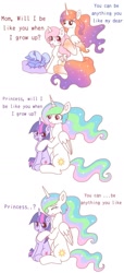 Size: 823x1810 | Tagged: safe, artist:jaanhavi, imported from derpibooru, princess celestia, princess luna, twilight sparkle, oc, oc:queen galaxia, alicorn, pony, unicorn, celestia and luna's mother, cewestia, comic, crying, dialogue, female, filly, filly twilight sparkle, foal, lying down, mare, momlestia fuel, pink-mane celestia, prone, simple background, sleeping, white background, woona, younger