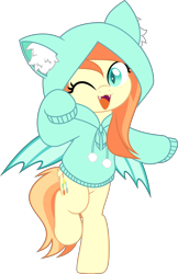 Size: 3232x5000 | Tagged: safe, artist:jhayarr23, imported from derpibooru, oc, oc only, oc:sunshine drift, bat pony, pony, :3, bat wings, bipedal, butt fluff, cat ears, clothes, commission, fangs, female, hoodie, looking at you, mare, one eye closed, open mouth, pony oc, raised hoof, raised leg, simple background, solo, spread wings, tail, transparent background, wings, wink, ych result