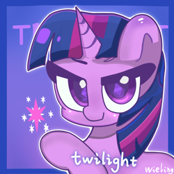 Size: 2048x2048 | Tagged: safe, artist:weiling, imported from derpibooru, twilight sparkle, pony, unicorn, blushing, bust, cute, eyebrows, female, high res, looking at you, mare, portrait, raised hoof, simple background, smiling, smiling at you, smirk, solo