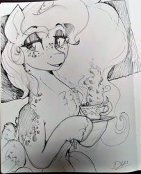Size: 2828x3484 | Tagged: safe, artist:thelunarmoon, imported from derpibooru, princess luna, alicorn, pony, black and white, chest fluff, cup, eyeshadow, female, freckles, grayscale, lidded eyes, makeup, mare, monochrome, open mouth, open smile, smiling, solo, teacup, traditional art