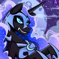 Size: 1920x1920 | Tagged: safe, artist:reddodo, imported from derpibooru, nightmare moon, alicorn, pony, bust, ethereal mane, female, lidded eyes, mare, moon, night, portrait, rearing, sharp teeth, signature, solo, stars, teeth