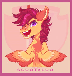 Size: 3380x3550 | Tagged: safe, artist:rubimlp6, imported from derpibooru, scootaloo, pegasus, pony, bandage, cutie mark background, ear piercing, earring, eyebrow slit, eyebrows, female, grin, jewelry, looking at you, looking back, looking back at you, mare, older, one eye closed, piercing, smiling