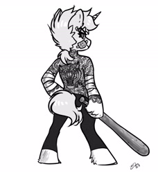 Size: 2459x2700 | Tagged: safe, alternate version, artist:opalacorn, imported from derpibooru, oc, oc only, oc:nootaz, semi-anthro, unicorn, arm wraps, bandaid, baseball bat, black and white, ear piercing, earring, female, grayscale, jewelry, looking at you, looking back, looking back at you, mare, monochrome, piercing, simple background, solo, tattoo, white background