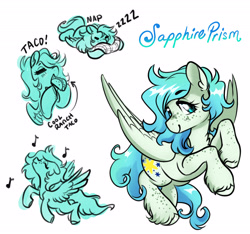Size: 3911x3653 | Tagged: safe, artist:opalacorn, imported from derpibooru, oc, oc only, oc:sapphire prism, pegasus, pony, body freckles, eating, eyes closed, female, food, freckles, looking at you, mare, music notes, onomatopoeia, pillow, simple background, sleeping, smiling, smiling at you, solo, sound effects, taco, unshorn fetlocks, white background, zzz