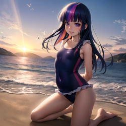 Size: 1792x1792 | Tagged: safe, imported from derpibooru, prompter:n0pe_n0pe, twilight sparkle, human, adorasexy, adult, ai content, ai generated, arm behind back, beach, belly button, breasts, clothes, cute, female, humanized, kneeling, looking at you, mountain, nature, ocean, one-piece swimsuit, realistic, sand, sexy, small breasts, solo, sunset, swimsuit, teenager, water, wind, younger