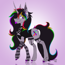 Size: 4320x4320 | Tagged: safe, artist:chazmazda, imported from derpibooru, oc, oc only, oc:strobestress, pony, unicorn, clothes, ear fluff, ear piercing, earring, fem, female, fishnets, garter belt, garters, gauges, glowstick, gradient background, jewelry, long mane, mare, multicolored hair, pentagram, piercing, rainbow hair, rgb, smiling, smirk, solo, stockings, thigh highs, tongue out
