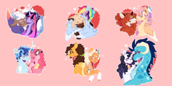 Size: 8000x4000 | Tagged: safe, artist:orphicswanart, imported from derpibooru, applejack, autumn blaze, cheese sandwich, discord, dumbbell, fluttershy, party favor, pinkie pie, princess ember, rainbow dash, rarity, twilight sparkle, alicorn, draconequus, dragon, earth pony, kirin, pegasus, pony, unicorn, 2023, absurd resolution, autumnshy, cheesejack, discolight, dragoness, dumbdash, ear piercing, earring, emberity, female, glasses, heart, jewelry, lesbian, male, mane six, mare, nuzzling, partypie, piercing, pink background, shipping, simple background, stallion, straight, twilight sparkle (alicorn)