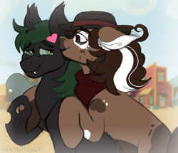 Size: 803x691 | Tagged: safe, artist:woofpoods, imported from derpibooru, oc, oc:hushknack, oc:nightshadow, changeling, cow, cow pony, earth pony, pony, appleloosa, big lips, brown hair, brown mane, changeling king, changeling oc, cheek kiss, clothes, cowboy hat, curly hair, cute, gay, green changeling, green eyes, green hair, hat, heart, kissing, lovers, male, neck scarf, oc x oc, photo, red eyes, scarf, sharp teeth, shipping, splotches, stallion, teeth, udder, vitiligo, white hairs