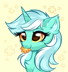 Size: 2731x2896 | Tagged: safe, artist:confetticakez, imported from derpibooru, lyra heartstrings, pony, unicorn, bust, chest fluff, cute, daaaaaaaaaaaw, ear fluff, female, flower, lyrabetes, mare, mouth hold, smiling, solo